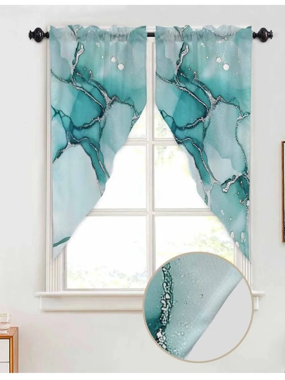 Turquoise Marble Watercolor Window Curtains 28”x36”